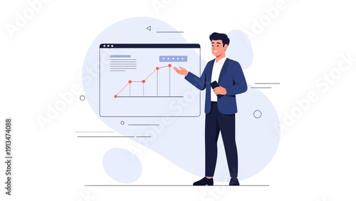 Businessman presenting financial growth chart on digital screen, modern illustration
