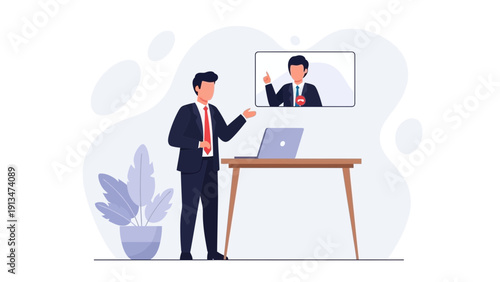 Businessman communicating via video conference on laptop and screen