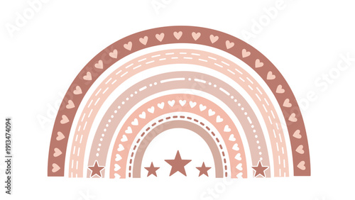 Beautiful bohemian style rainbow in muted earth tones decorated with hearts and stars, perfect for nursery wall art and modern baby decor.