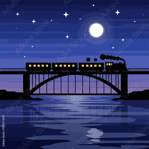 Pixel art train crossing bridge over water at night with moon and stars