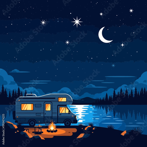 Pixel art rv by lake at night with campfire and starry sky