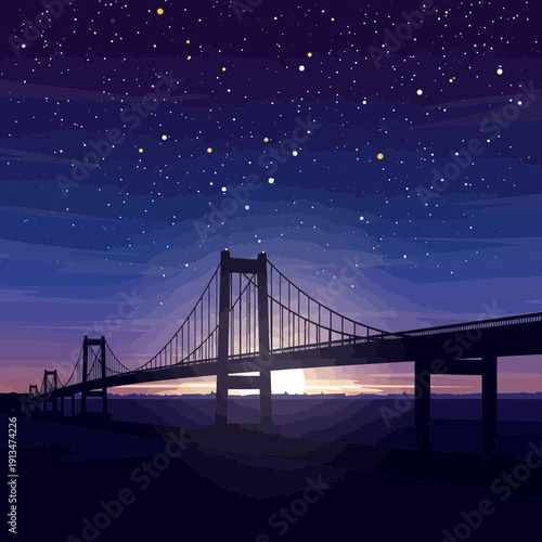 Pixel art suspension bridge at night with starry sky and moon