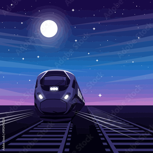 Pixel art train on tracks under moonlit starry night sky