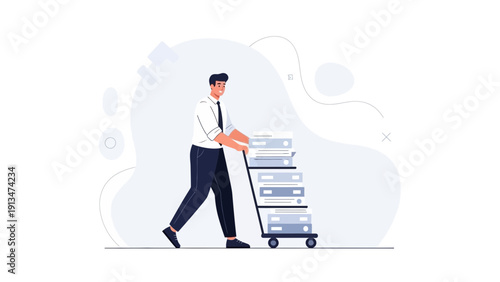 Businessman Pushing Cart with Documents and Files