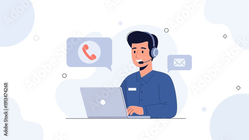Customer service agent with headset and laptop, communication icons, business concept