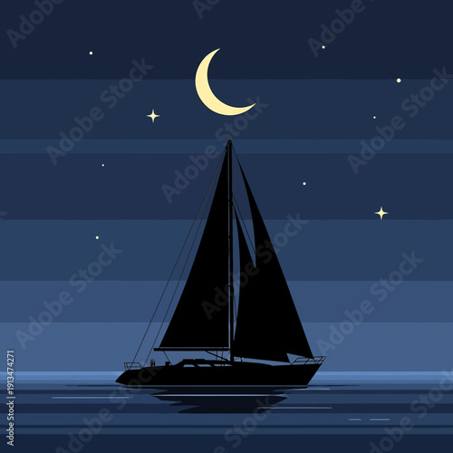 Sailboat sailing at night under crescent moon and stars