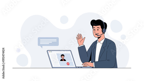 Man on video call with headset and laptop, waving hello, communication concept