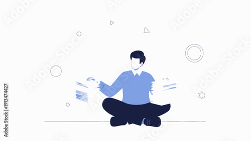 Man Meditating with Floating Papers, Abstract Shapes, Calm Mind