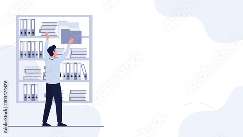 Man Organizing Files on Shelf, Business Archive, Data Management Concept