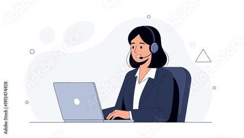Customer service operator wearing headset at computer, professional support concept