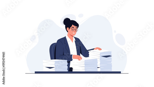 Businesswoman organizing stacks of documents and papers on desk
