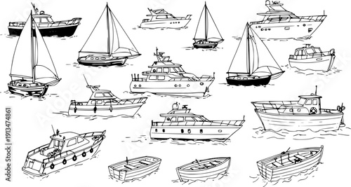 Hand-drawn nautical boats collection: Sailboats, yachts, rowboats. Vector illustration.