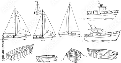 Collection of Boats: Sailboats, Motorboats, and Rowboats in Sketch Style
