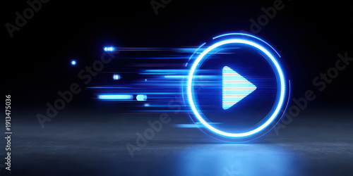 Glowing blue play button with motion blur effect on dark background, digital media symbol with dynamic light streaks