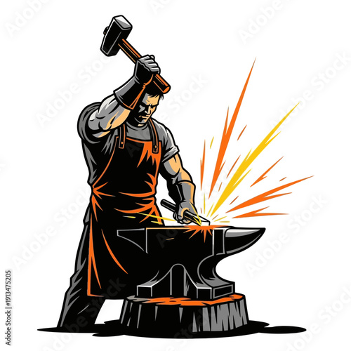 Blacksmith hammering metal on anvil with sparks flying