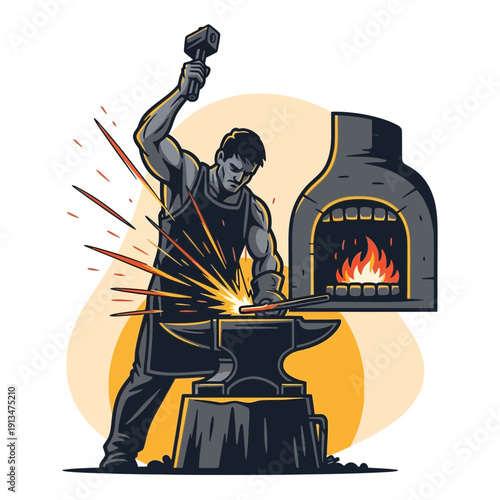 Blacksmith hammering glowing metal on anvil with forge fire