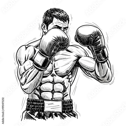 Boxer ready for fight, ink sketch drawing