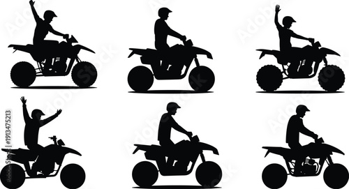 ATV quad bike rider silhouettes performing different riding poses, off road adventure motorsport concept, outdoor recreation illustration isolated on white background