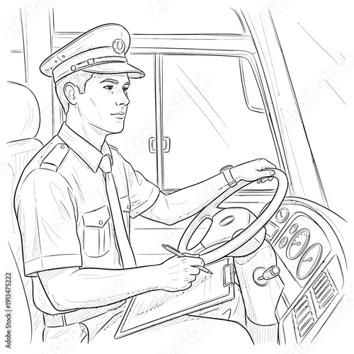 Bus driver in uniform at the wheel, holding a pen, focused on the road ahead.