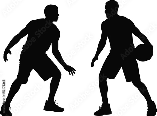 Basketball Players Silhouette Vector Illustration of Two Athletes Dribbling and Defending Isolated on Light Background for Sport, Competition and Fitness Design