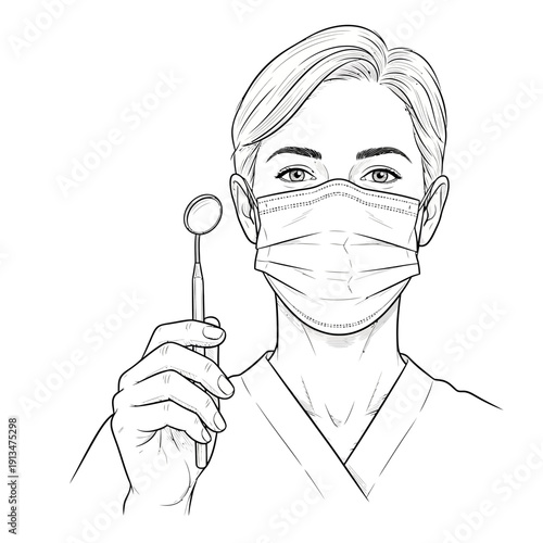 Dentist wearing mask holding dental mirror, illustration