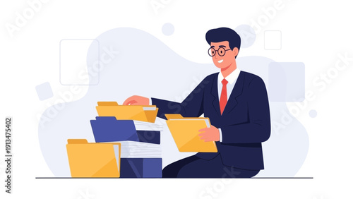 Man in Suit Organizing Files, Business Document Management, Office Paperwork