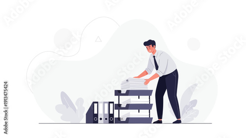 Businessman Organizing Paperwork in Office