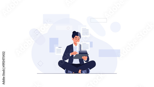 Woman working on tablet computer, surrounded by documents and abstract shapes