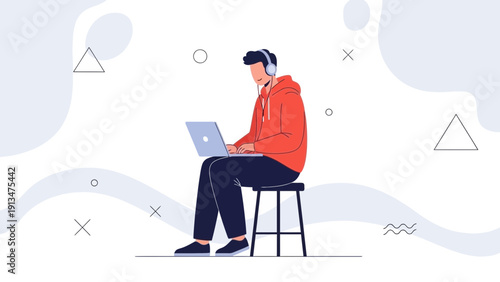 Young man in headphones with laptop, creative abstract background