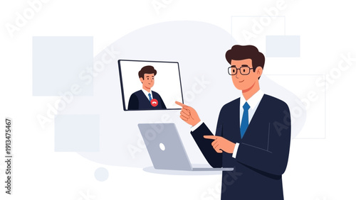 Businessman pointing at laptop screen showing video call with colleague