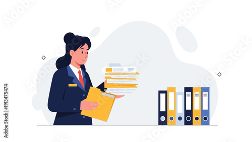 Businesswoman Organizing Paperwork with Folders and Binders