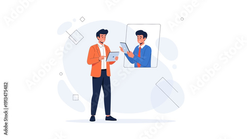 Man with Tablet Communicating with Colleague via Video Call, Digital Connection