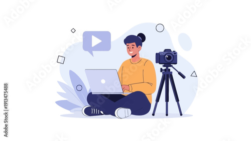 Content Creator Working on Laptop with Camera and Tripod, Video Production