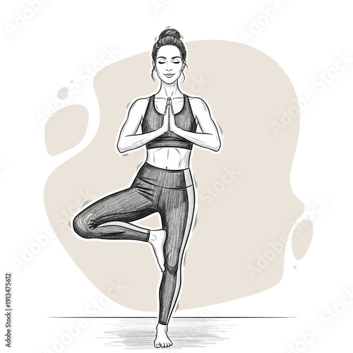 Woman practicing yoga tree pose, healthy lifestyle, fitness, hand mudra, calm expression