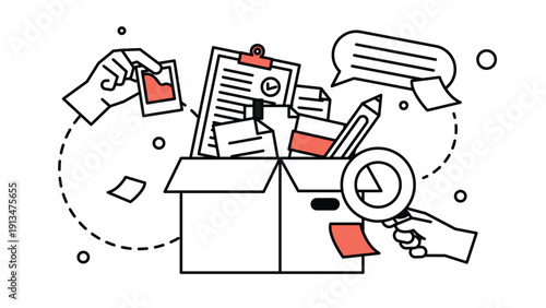 Creative illustration of office work with files and folders. Business administration, cloud storage, document organization. Clean cartoon vector illustration.