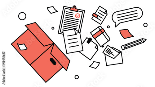 Creative illustration of office work with files and folders. Business administration, cloud storage, document organization. Clean cartoon vector illustration.