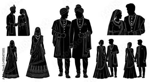 Indian wedding couple silhouette vector set. Black shadow illustration collection of bride and groom in traditional clothing for marriage logo, icon or invitation card design.