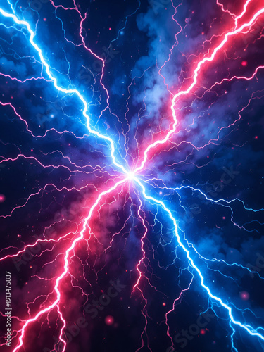 Abstract depiction of vibrant blue and red lightning bolts intersecting in a dynamic cosmic space