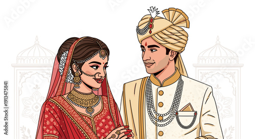Beautiful Indian wedding couple vector portrait. Traditional Hindu bride and groom looking at each other wearing red lehenga and turban for vivah ceremony invitation card.