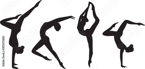 Five dancers performing various poses in a line, showcasing their flexibility and grace.