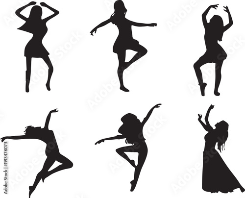 Silhouettes of dancers in various poses and outfits on a white background