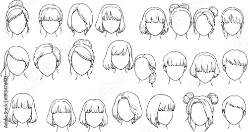 Collection of various anime and manga style female hairstyles, including bobs, long hair, updos, and bangs, illustrated as line art on a white background for character design.
