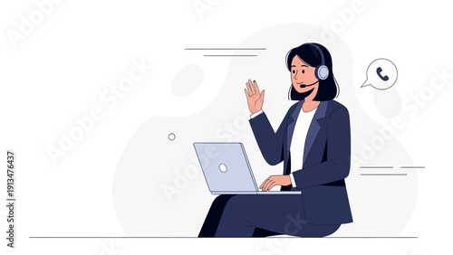 Customer service agent with headset and laptop, waving hello, communication icon