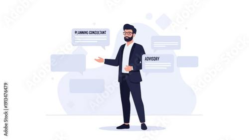 Business Consultant Offering Advice with Speech Bubbles, Planning and Advisory