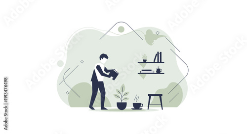 Organized person in a minimalist interior with a bookshelf, plant, and coffee setup