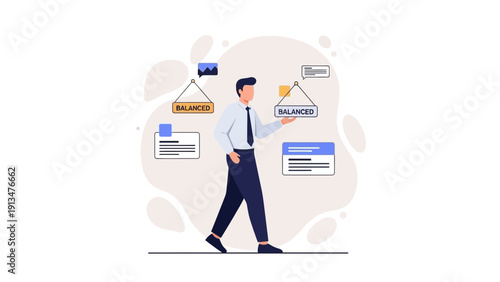 Business man balancing work and life, decision making, strategy, planning, and organization