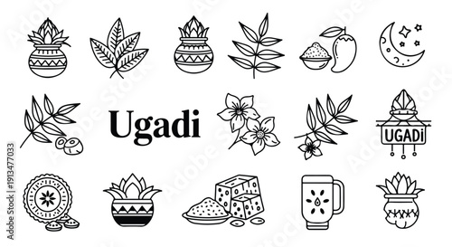 Illustration of various Ugadi festival symbols and icons in black and white on a clean background.