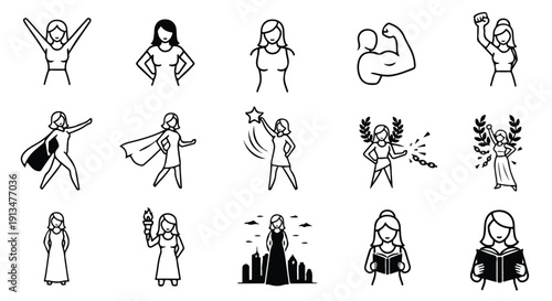Flat lay of various simple line illustrations depicting people in different poses and costumes on a white background