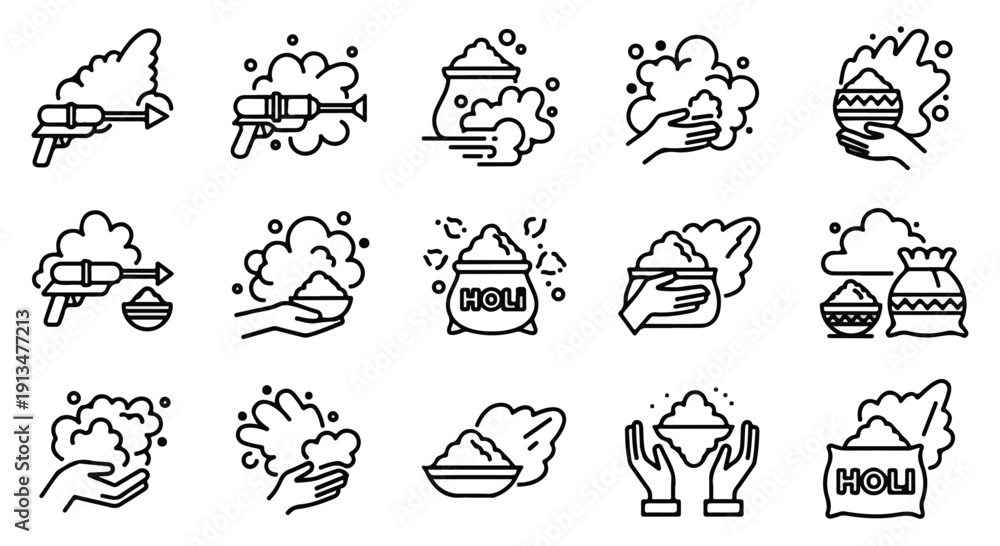 Obraz premium A collection of twenty line icons depicting various objects and actions with smoke and steam effects on a white background.