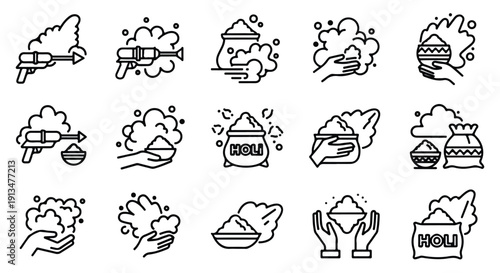 A collection of twenty line icons depicting various objects and actions with smoke and steam effects on a white background.